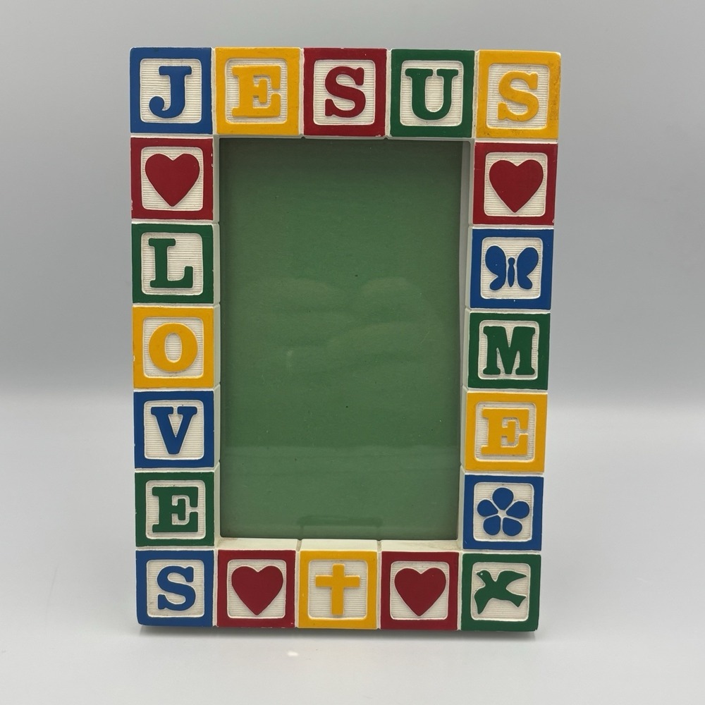 Vintage 5x7 Block Photo Frame JESUS LOVES ME Bright colors, heavy weight